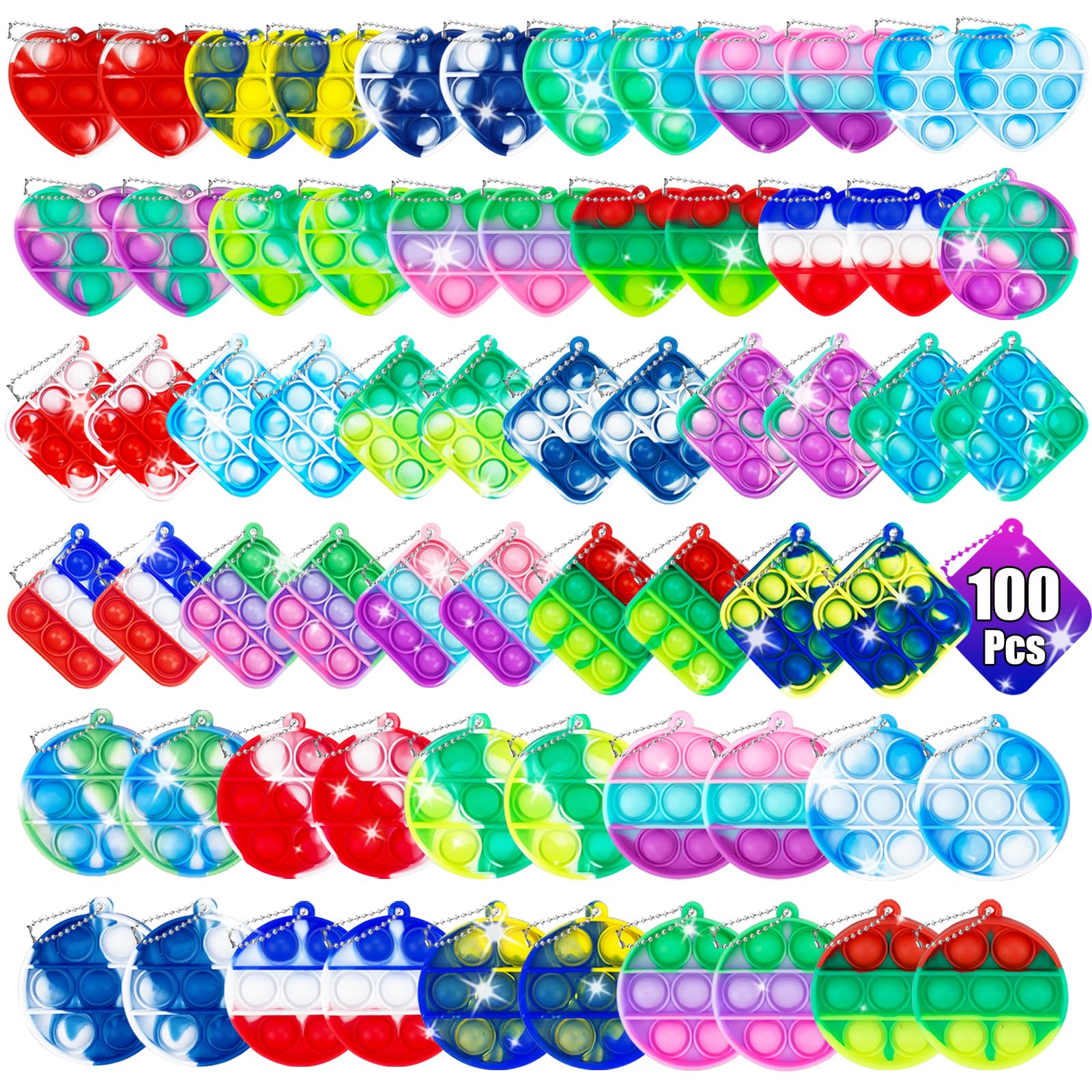 100 Pack Min Pop Keychain, Bubble Pop Fidget Sensory Toys for Kids, Anti-Anxiety Stress Relief for Adults, Classroom Prizes, Party Favors, for Girls Boys