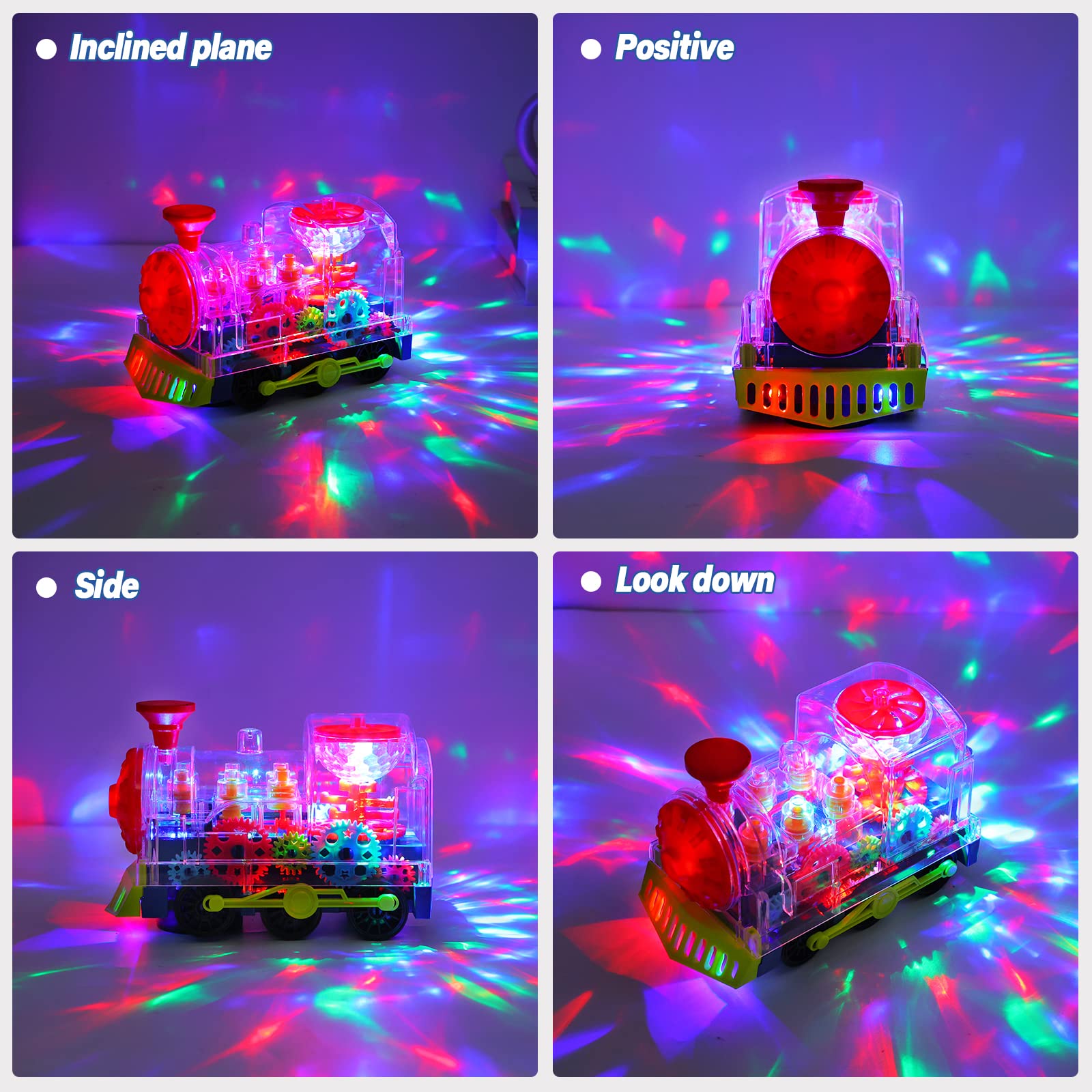 Light Up Transparent Train Toys,Interactive Autism Sensory Toys with Colorful Moving Gears, Music,and LED Effects,Fun Educational Toy for Boys Girls