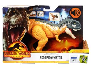 jurassic world skorpiovenator dinosaur action figure dino kids roar strike feature with attack roar gift bundle with 2 my outlet mall stickers