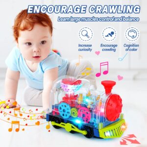 Light Up Transparent Train Toys,Interactive Autism Sensory Toys with Colorful Moving Gears, Music,and LED Effects,Fun Educational Toy for Boys Girls