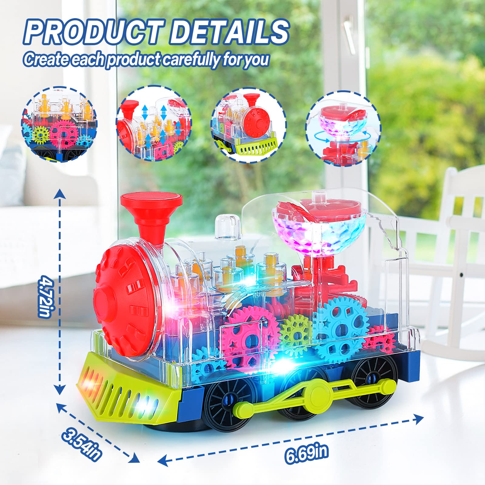 Light Up Transparent Train Toys,Interactive Autism Sensory Toys with Colorful Moving Gears, Music,and LED Effects,Fun Educational Toy for Boys Girls