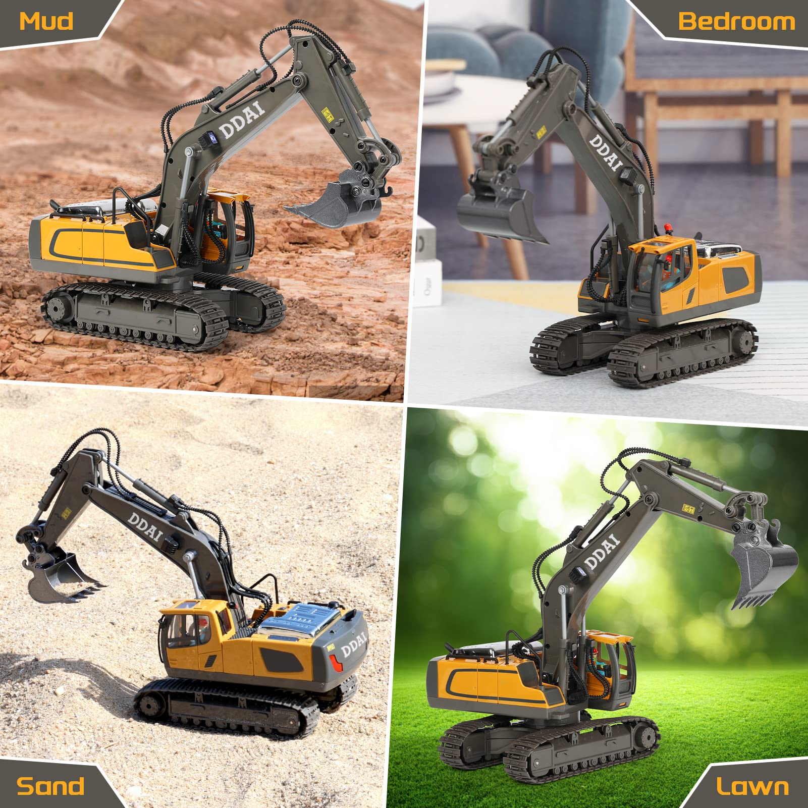 DDAI Remote Control Excavator Toys for Boys 8-12 Kids Best Gift Ideas for Age 3 4 5 6 7 8 9 10+ Year Old Boy Rechargeable RC Construction Excavators Digger Vehicles Engineering Toys with Metal Shovel