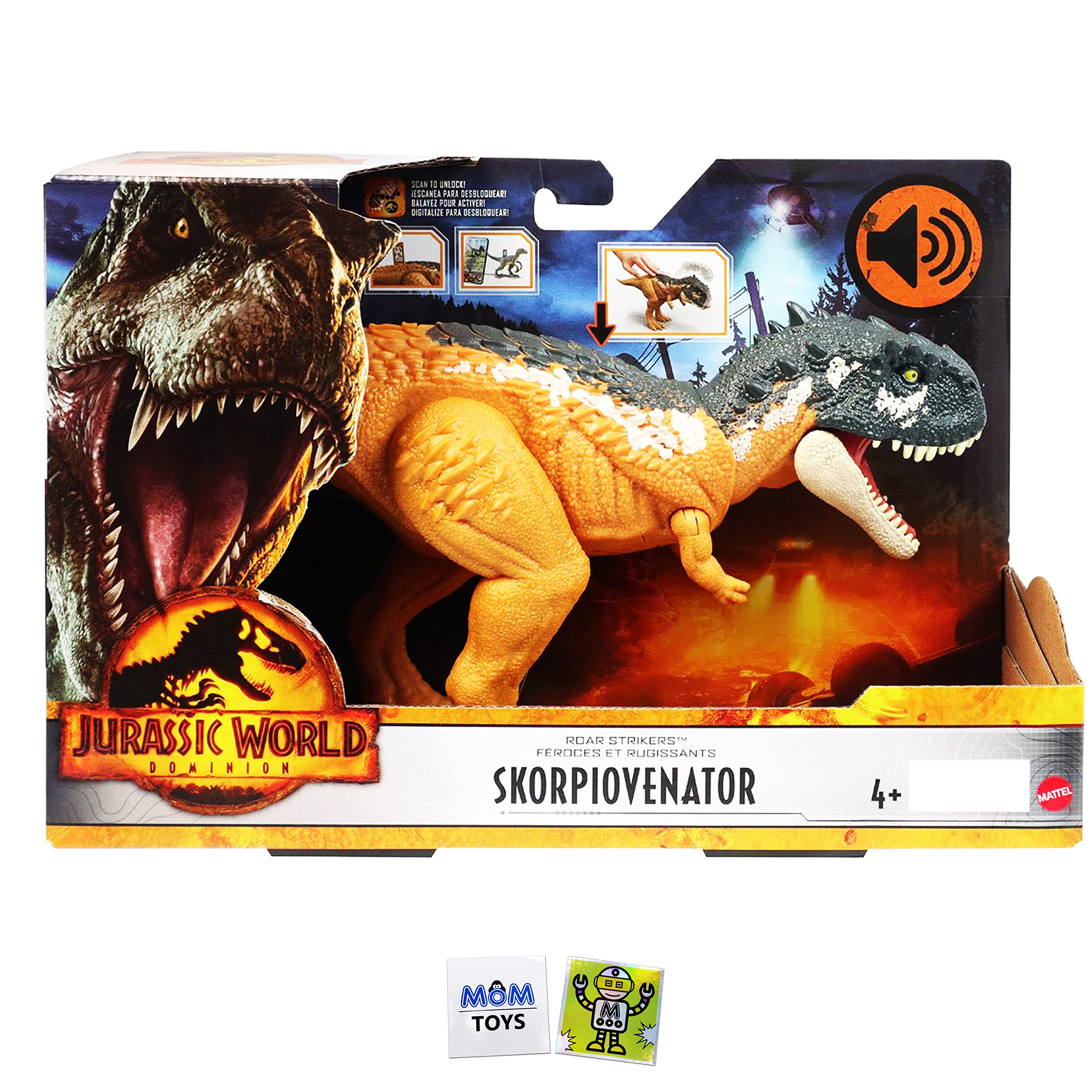 Jurassic World Skorpiovenator Dinosaur Action Figure Dino Kids Roar Strike Feature with Attack Roar Gift Bundle with 2 My Outlet Mall Stickers