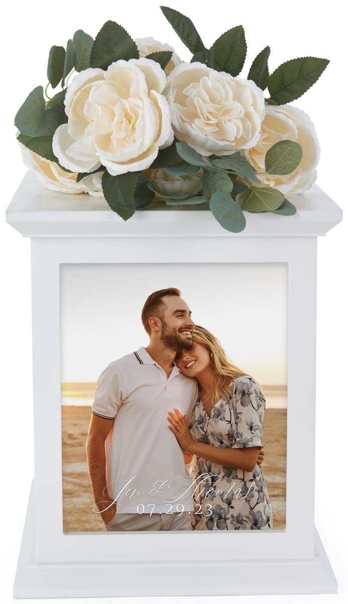 Displays2go Wooden Wedding Card Box, 8" x 10" Photo Frame, Top Slot, Rear Access Door - Ivory (FDGWCBWHT)