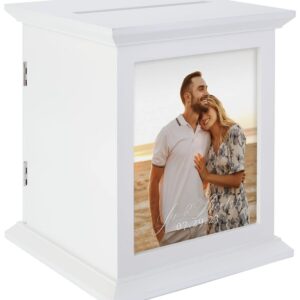 Displays2go Wooden Wedding Card Box, 8" x 10" Photo Frame, Top Slot, Rear Access Door - Ivory (FDGWCBWHT)