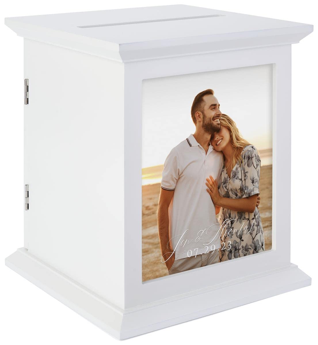 Displays2go Wooden Wedding Card Box, 8" x 10" Photo Frame, Top Slot, Rear Access Door - Ivory (FDGWCBWHT)