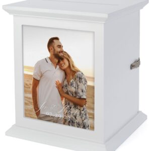 Displays2go Wooden Wedding Card Box, 8" x 10" Photo Frame, Top Slot, Rear Access Door - Ivory (FDGWCBWHT)