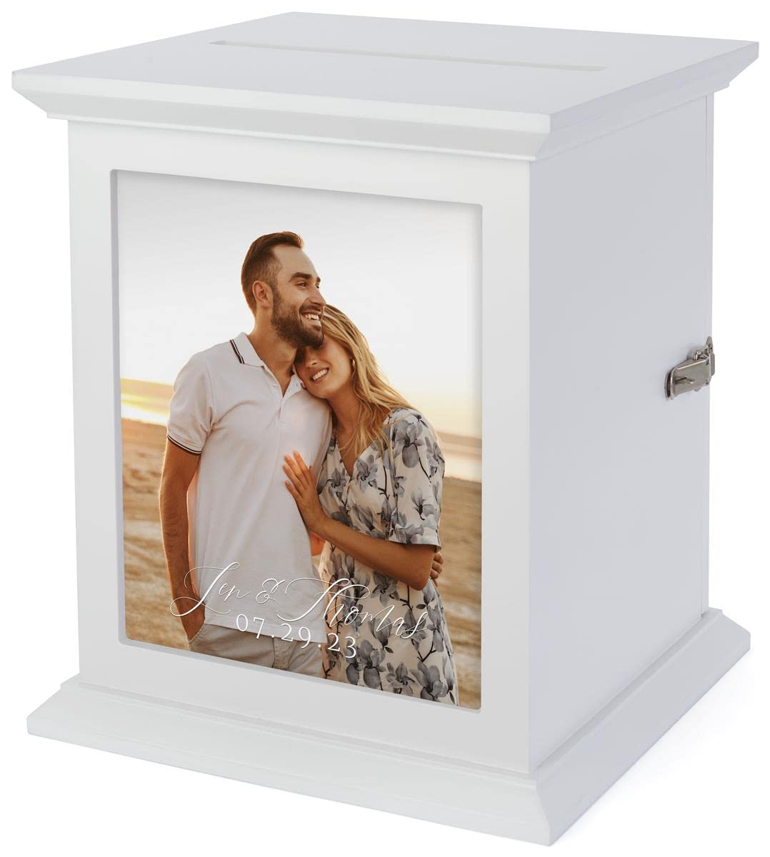 Displays2go Wooden Wedding Card Box, 8" x 10" Photo Frame, Top Slot, Rear Access Door - Ivory (FDGWCBWHT)