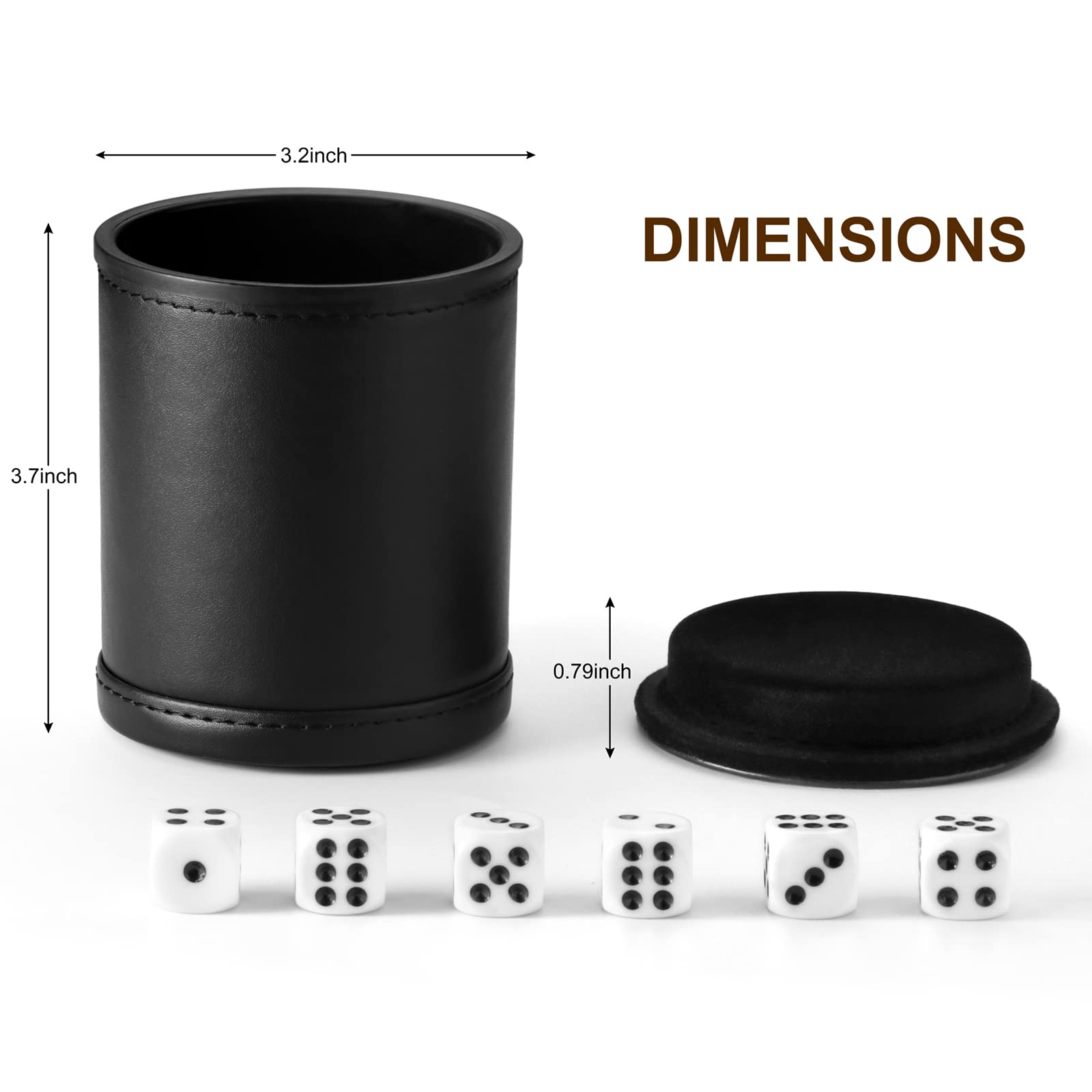 Hloyacc Felt Lined Dice Cup PU Leather Set, Quiet Shaker for Dice Board Family Games Yahtzee Farkle, Set of Six 16mm Rolling Dice Included