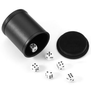 Hloyacc Felt Lined Dice Cup PU Leather Set, Quiet Shaker for Dice Board Family Games Yahtzee Farkle, Set of Six 16mm Rolling Dice Included