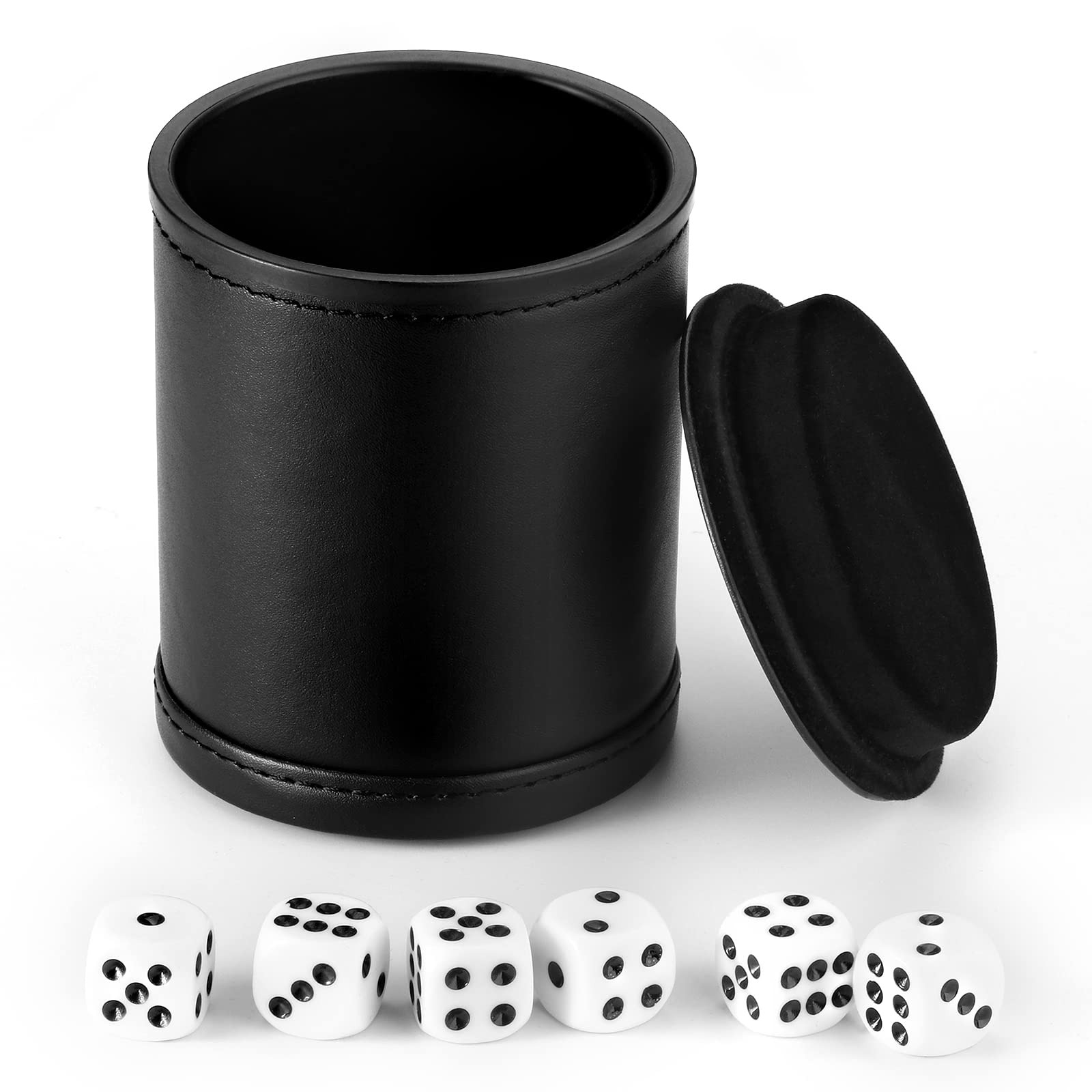 Hloyacc Felt Lined Dice Cup PU Leather Set, Quiet Shaker for Dice Board Family Games Yahtzee Farkle, Set of Six 16mm Rolling Dice Included