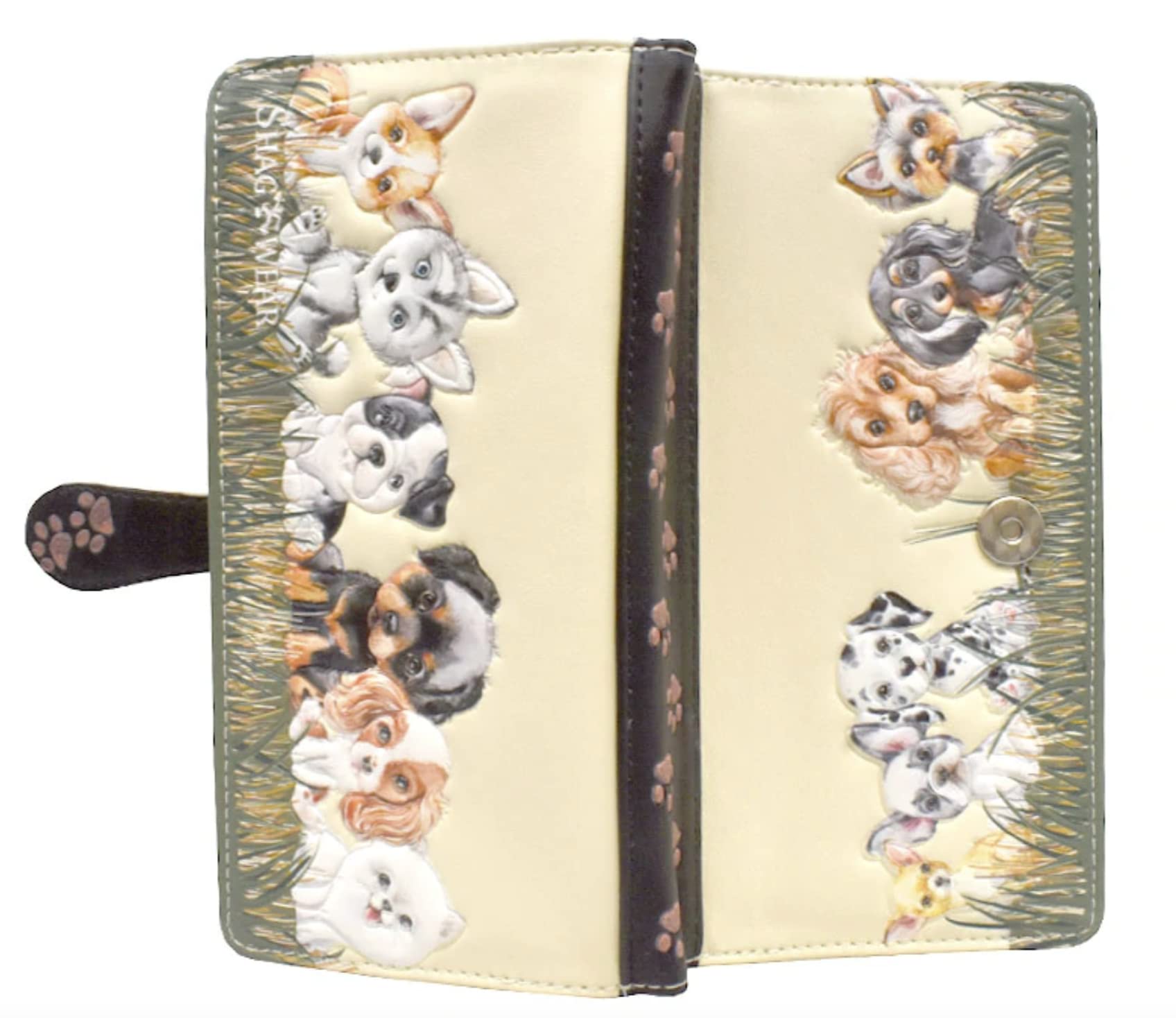 Shag Wear Puppy Dog Love Large Animal Wallet for Women and Teen Girls Vegan Faux Leather Beige 7"