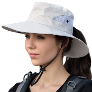 Womens Ponytail Sun Hat Outdoor UV Protection Foldable Mesh Bucket Hats Wide Brim Summer Beach Fishing Cap Pure Beige