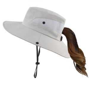 Womens Ponytail Sun Hat Outdoor UV Protection Foldable Mesh Bucket Hats Wide Brim Summer Beach Fishing Cap Pure Beige