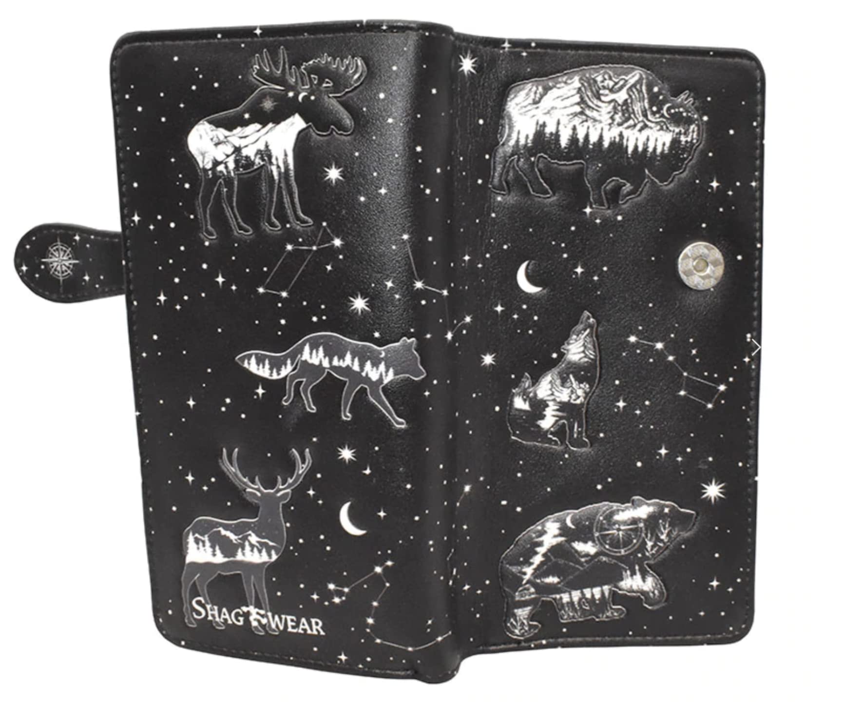 Shag Wear Black Animal Constellations Large Wallet for Women and Teen Girls Vegan Faux Leather Black 7"