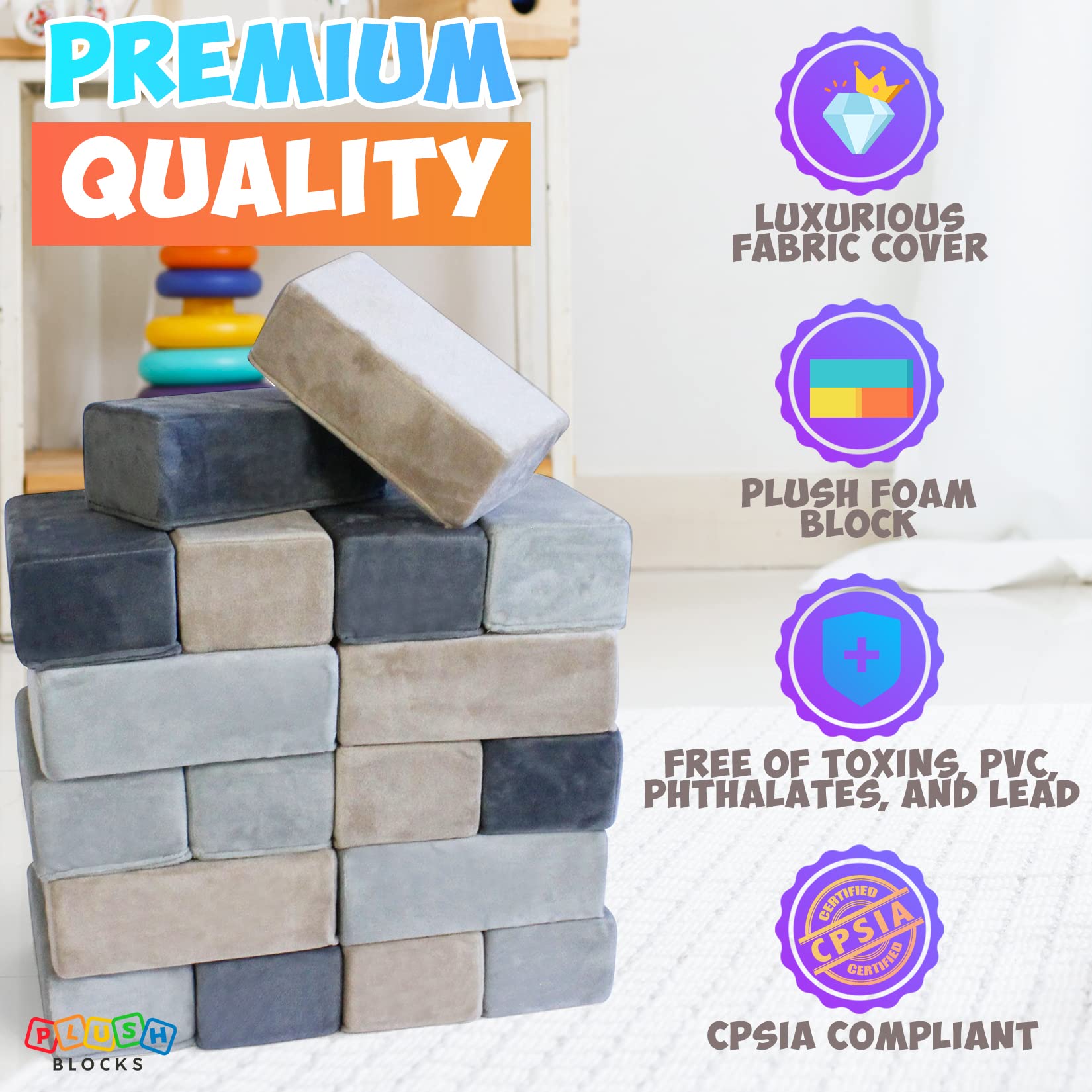 Plush Blocks - The Original Premium Plush Building Block for Kids - Certified Safe Foam Blocks in Luxuriously Soft Fabric Covers - Set of 24 (Castle Rock)