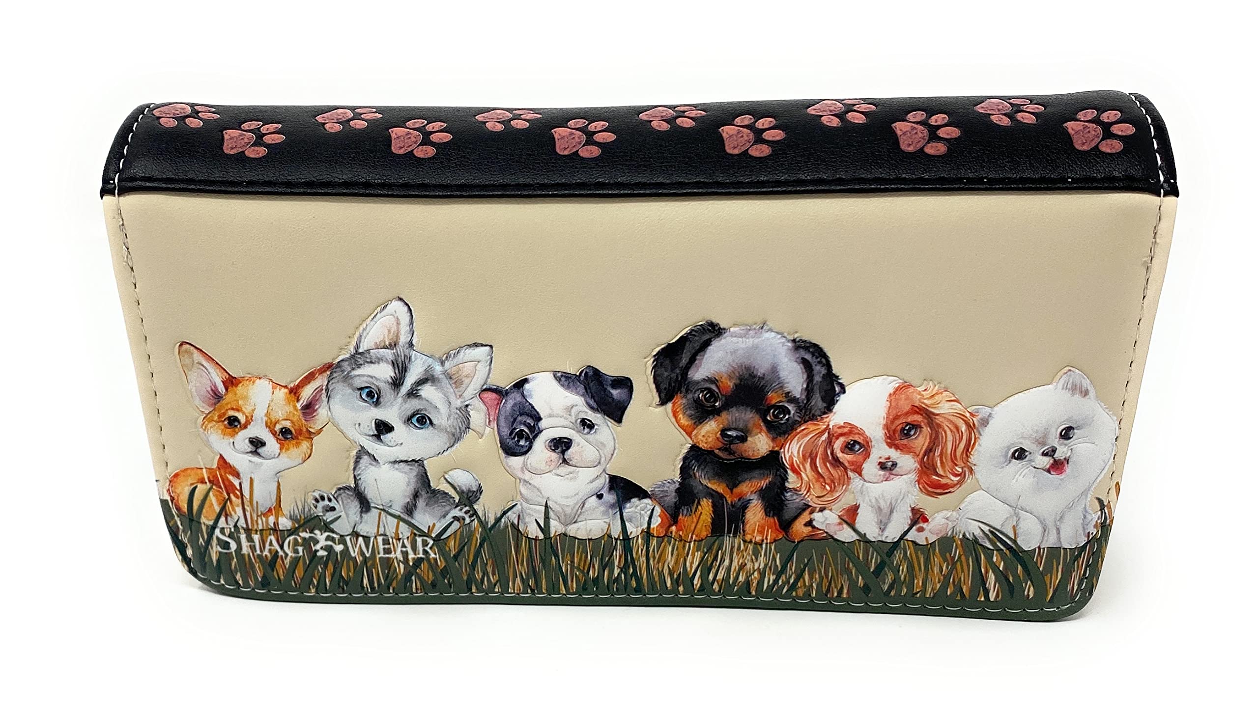 Shag Wear Puppy Dog Love Large Animal Wallet for Women and Teen Girls Vegan Faux Leather Beige 7"