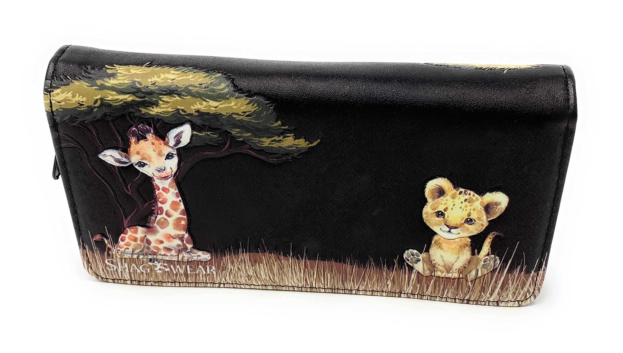 Shag Wear Babies of Africa Large Animal Safari Wallet for Women and Teen Girls Vegan Faux Leather 7" Black