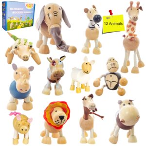 tekor bendable wooden animal toys, set of 12 | fun & posable farm & jungle & safari animals for toddlers | preschool montessori toy, smooth natural wood animals for girls boys