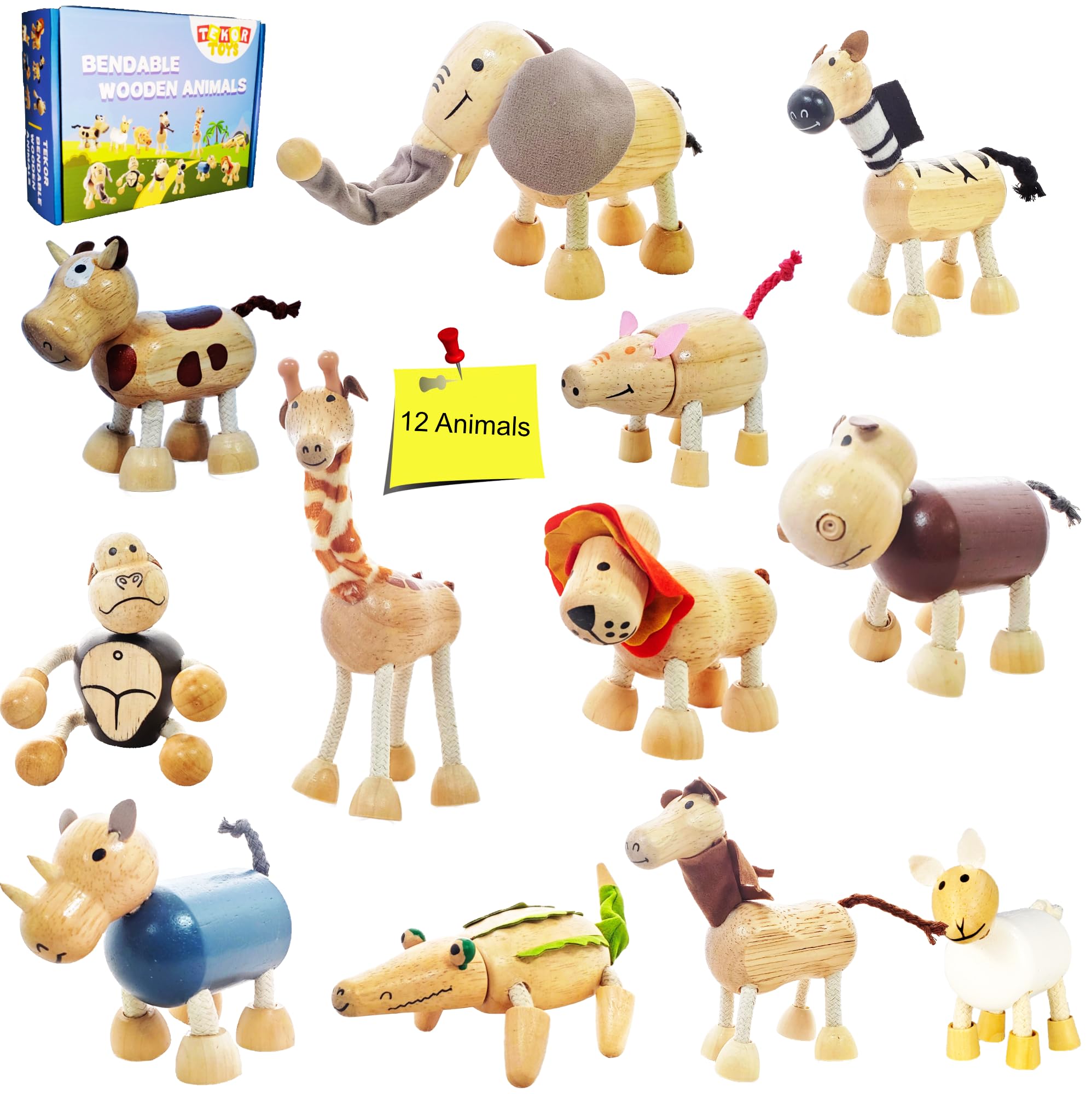 TEKOR Bendable Wooden Animal Toys, Set of 12 | Fun & Posable Farm & Jungle & Safari Animals for Toddlers | Preschool Montessori Toy, Smooth Natural Wood Animals for Girls Boys