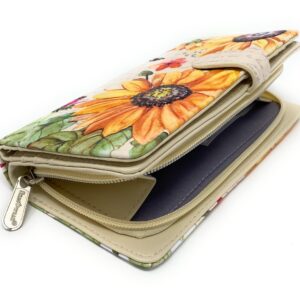 Shag Wear Sunflower Large Floral Wallet for Women and Teen Girls Vegan Faux Leather 7" Beige