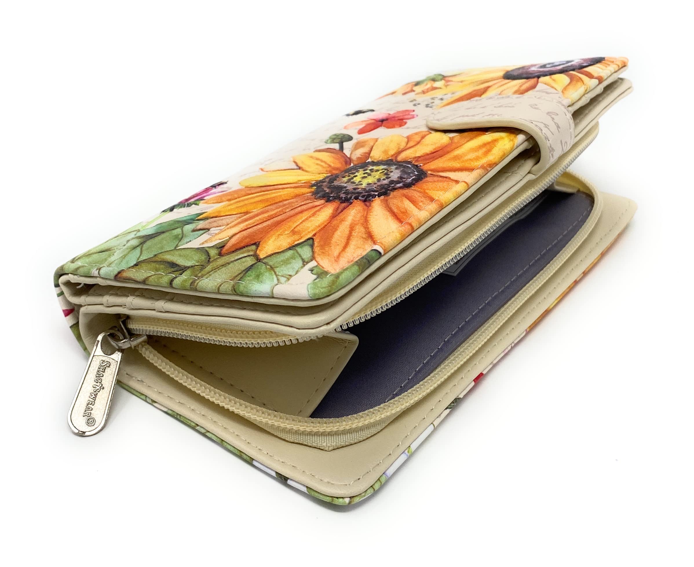 Shag Wear Sunflower Large Floral Wallet for Women and Teen Girls Vegan Faux Leather 7" Beige