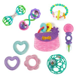 bright starts everything nice teething toys 9-piece set - bpa-free rattles and chillable teethers, purple and pink baby toys, 3 months+