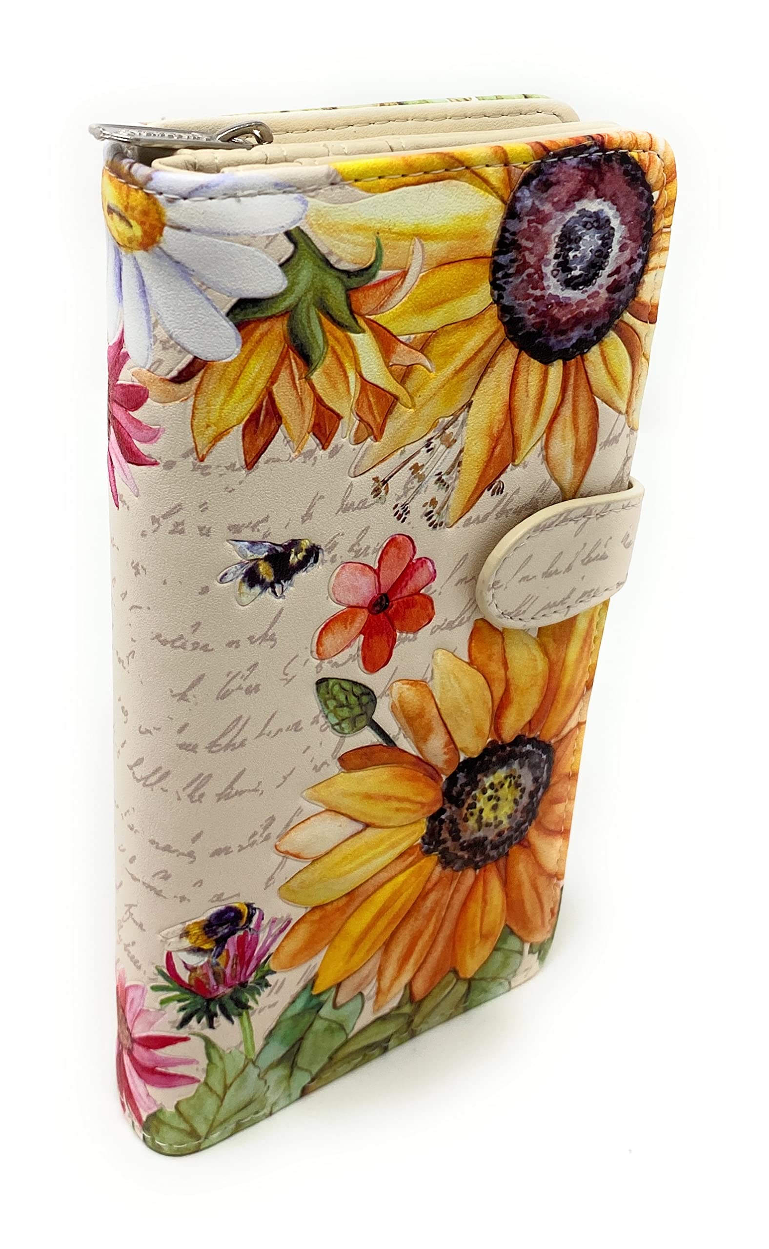 Shag Wear Sunflower Large Floral Wallet for Women and Teen Girls Vegan Faux Leather 7" Beige