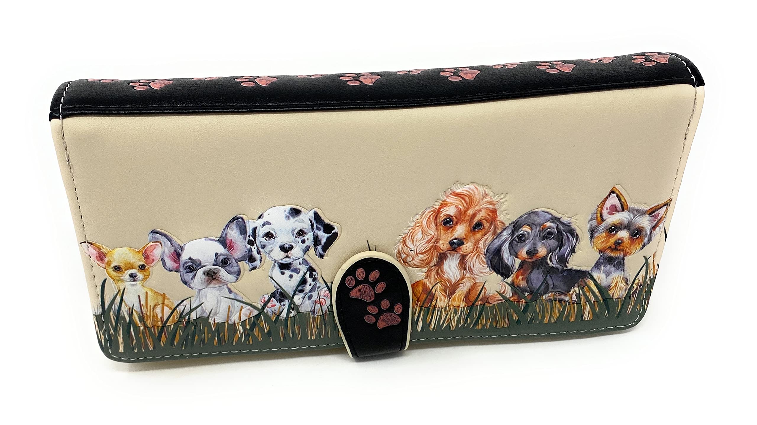 Shag Wear Puppy Dog Love Large Animal Wallet for Women and Teen Girls Vegan Faux Leather Beige 7"