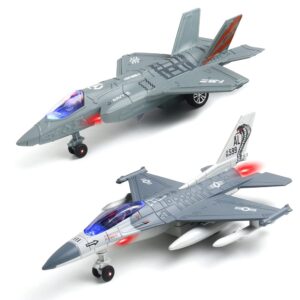 F35 F16 Airplane Toy, 2 Pack Fighter Jet Toy for Kids, Pull Back Toy Jets, Diecast Airplanes Model with Light & Sound, Metal Airplane Gifts for Kids Decor