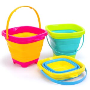 Shindel 3 Pieces Foldable Beach Bucket Set, 2L Silicone Collapsible Toy Buckets for Kids, Multi Purpose for Fun Summer Activities, Camping Gear, Beach Essentials, Travel Sand Toys