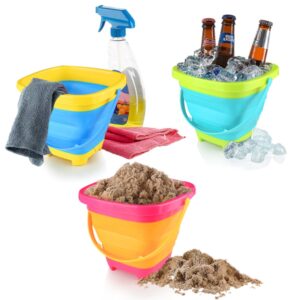 Shindel 3 Pieces Foldable Beach Bucket Set, 2L Silicone Collapsible Toy Buckets for Kids, Multi Purpose for Fun Summer Activities, Camping Gear, Beach Essentials, Travel Sand Toys