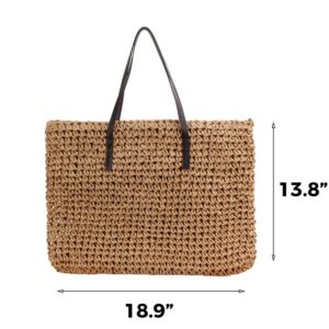 Straw Beach Bag with Zipper Large Woven Summer Boho Tote Handbag Rattan Wicker Purse for Shopping Summer Vacation (R)