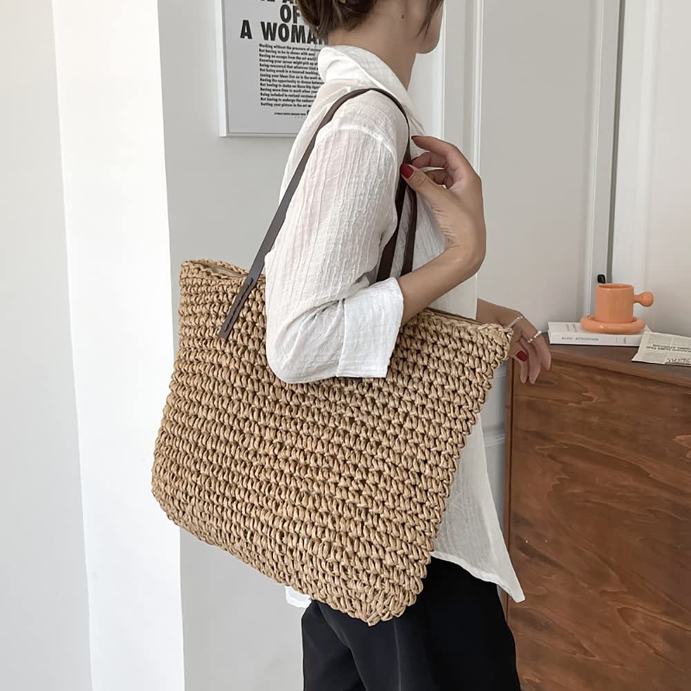 Straw Beach Bag with Zipper Large Woven Summer Boho Tote Handbag Rattan Wicker Purse for Shopping Summer Vacation (R)