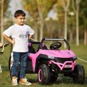 Joywhale 24V 2 Seater Kids Ride on UTV Car Powerful Electric Vehicle, with 4x75W Strong Motors, Big Battery, Easy-Drag System, 2.4G Remote Control, Soft Braking, Spring Suspension, Music, BW-U20