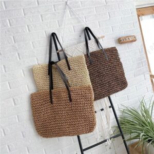 Straw Beach Bag with Zipper Large Woven Summer Boho Tote Handbag Rattan Wicker Purse for Shopping Summer Vacation (R)