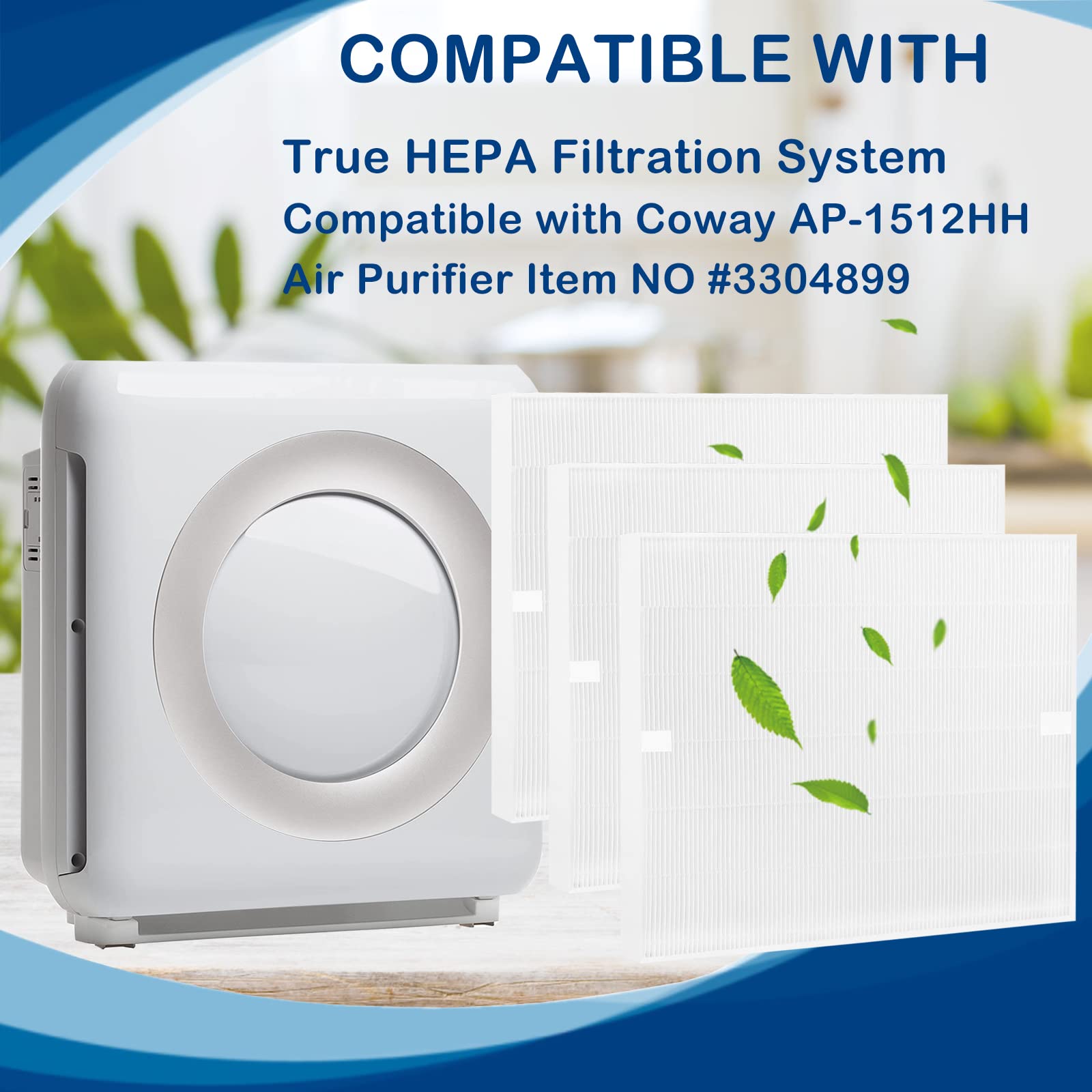 AP-1512HH True HEPA Filter Replacement Compatible with Coway AP-1512HH AP1512HH Mighty Air Cleaner Purifier, AP-1512HH-FP, AP-1518R, AP-1519P, Item NO #3304899, 3 Pack HEPA Filter Only