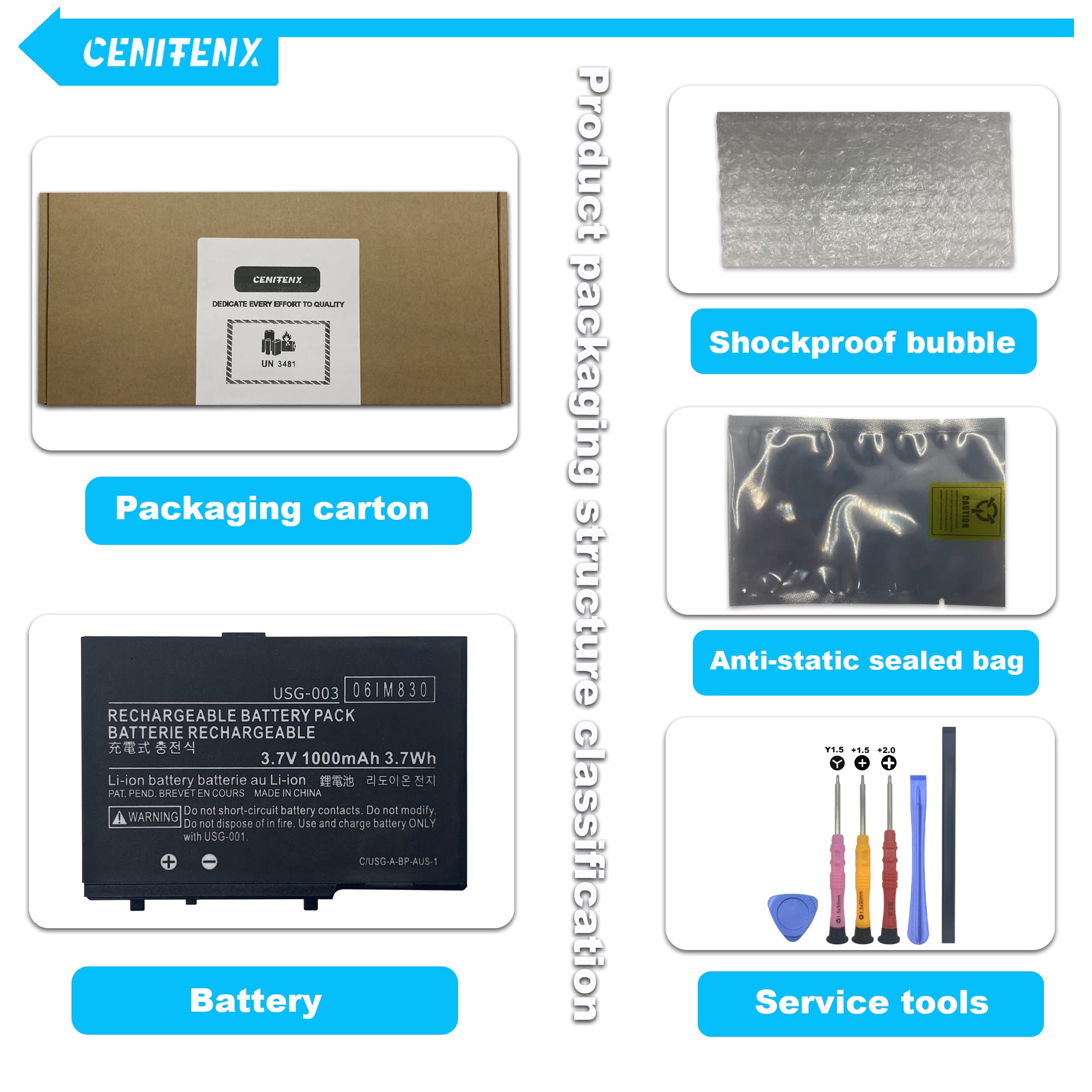 CENIFENX DS Lite Battery USG-003 3.7V 1000mAh Replacement for Nintendo DS Lite NDSL Game Player Battery with Repair Tool Kit (Not for Nintendo DSi, DSi XL, DSi LL)