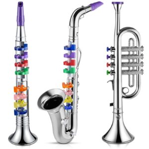 set of 3 saxophone for kids musical instruments toy saxophone toy trumpet and toy clarinet with 8 colored coded keys teaching songs for toddlers children (silver)