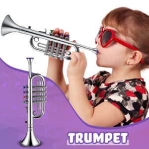 Set of 3 Saxophone for Kids Musical Instruments Toy Saxophone Toy Trumpet and Toy Clarinet with 8 Colored Coded Keys Teaching Songs for Toddlers Children (Silver)