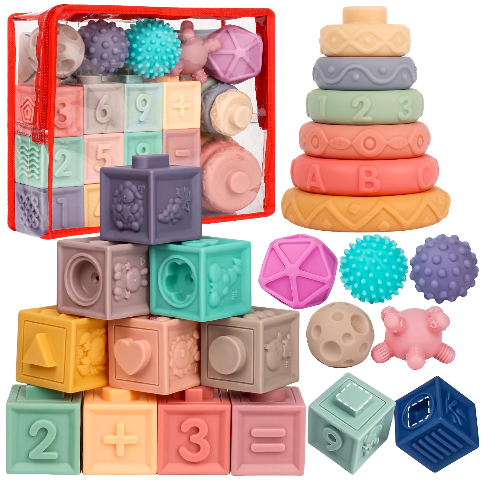 Baby Toys 6 to 12 Months Baby Blocks Soft Stacking Toys for Infant, Montessori Toys for Babies 1 2 3 Years Old Building Blocks Toys for Babies 6 Months and Up, Educational Learning Toys, 23PCS