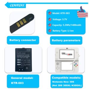 CENIFENX New 3DS Battery, KTR-003 3.7V 1400mAh Replacement for Nintendo New 3DS Game Player Battery, with Repair Tool Kit (Not for Nintendo 3DS, 3DS XL, New 3DS XL)