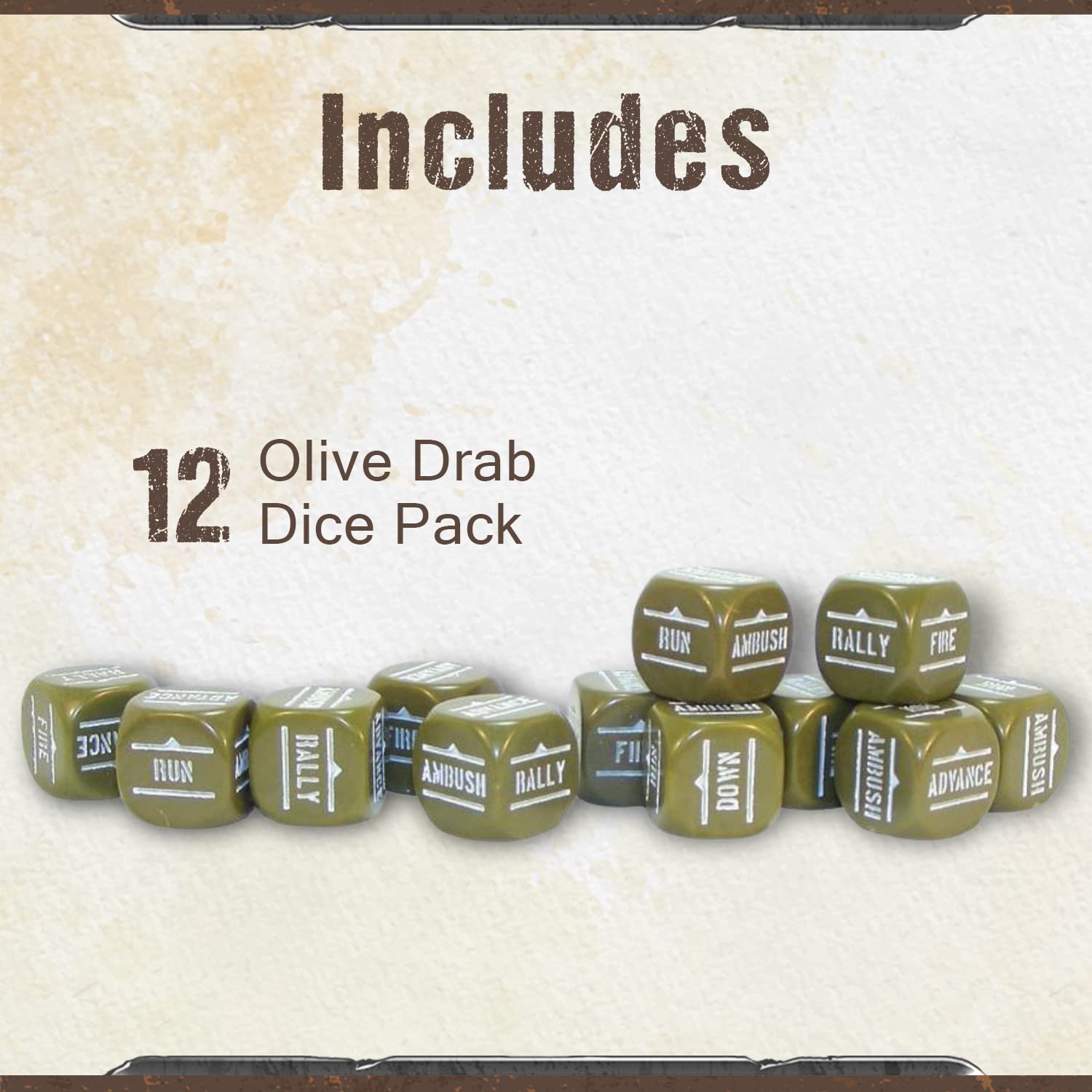 Wargames Delivered – Bolt Action Dice Orders D6 pack of 12 with Olive Drab Color and Actions Inscribed with White – Miniature Wargame Dice by Warlord Games (Olive Drab)