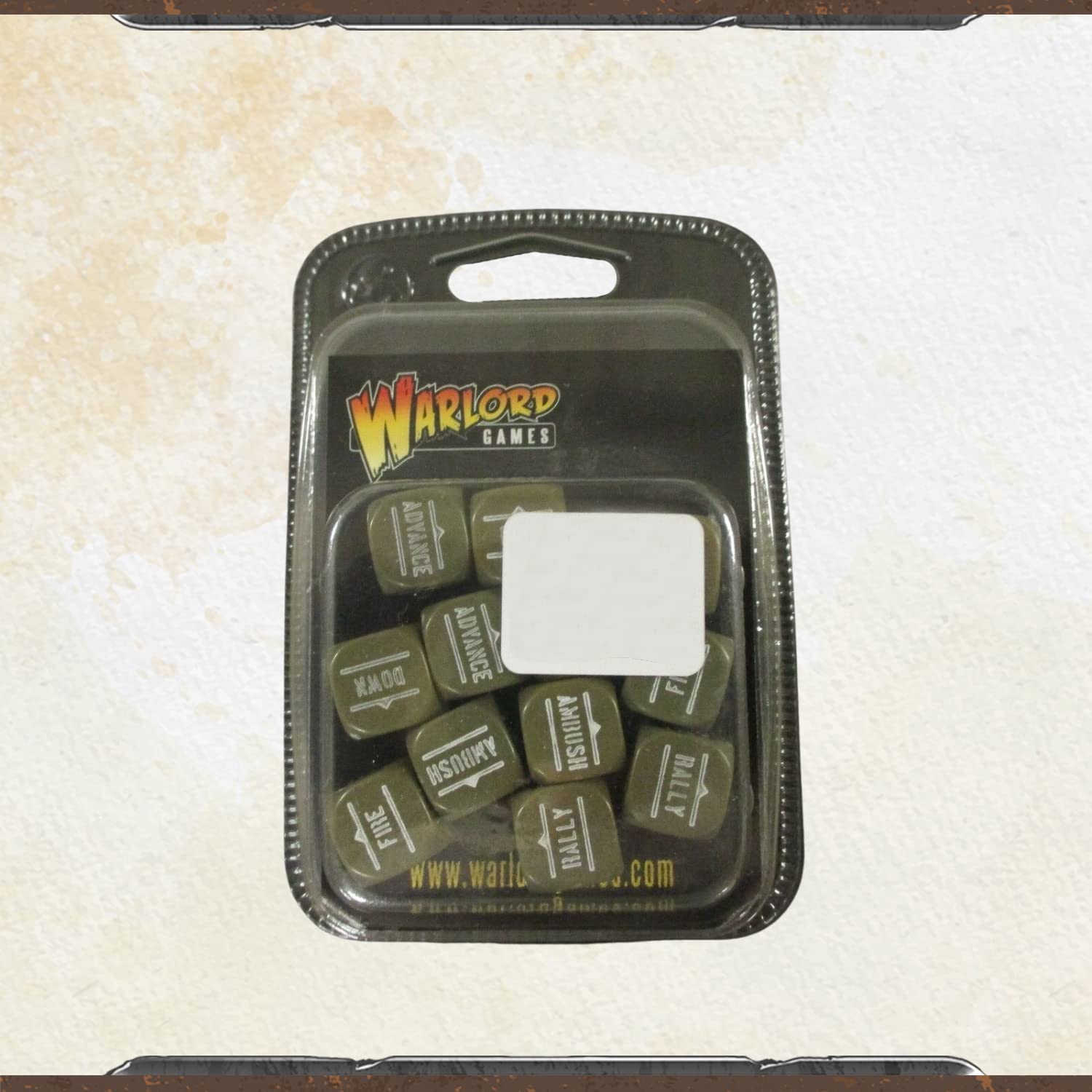 Wargames Delivered – Bolt Action Dice Orders D6 pack of 12 with Olive Drab Color and Actions Inscribed with White – Miniature Wargame Dice by Warlord Games (Olive Drab)