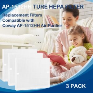 AP-1512HH True HEPA Filter Replacement Compatible with Coway AP-1512HH AP1512HH Mighty Air Cleaner Purifier, AP-1512HH-FP, AP-1518R, AP-1519P, Item NO #3304899, 3 Pack HEPA Filter Only