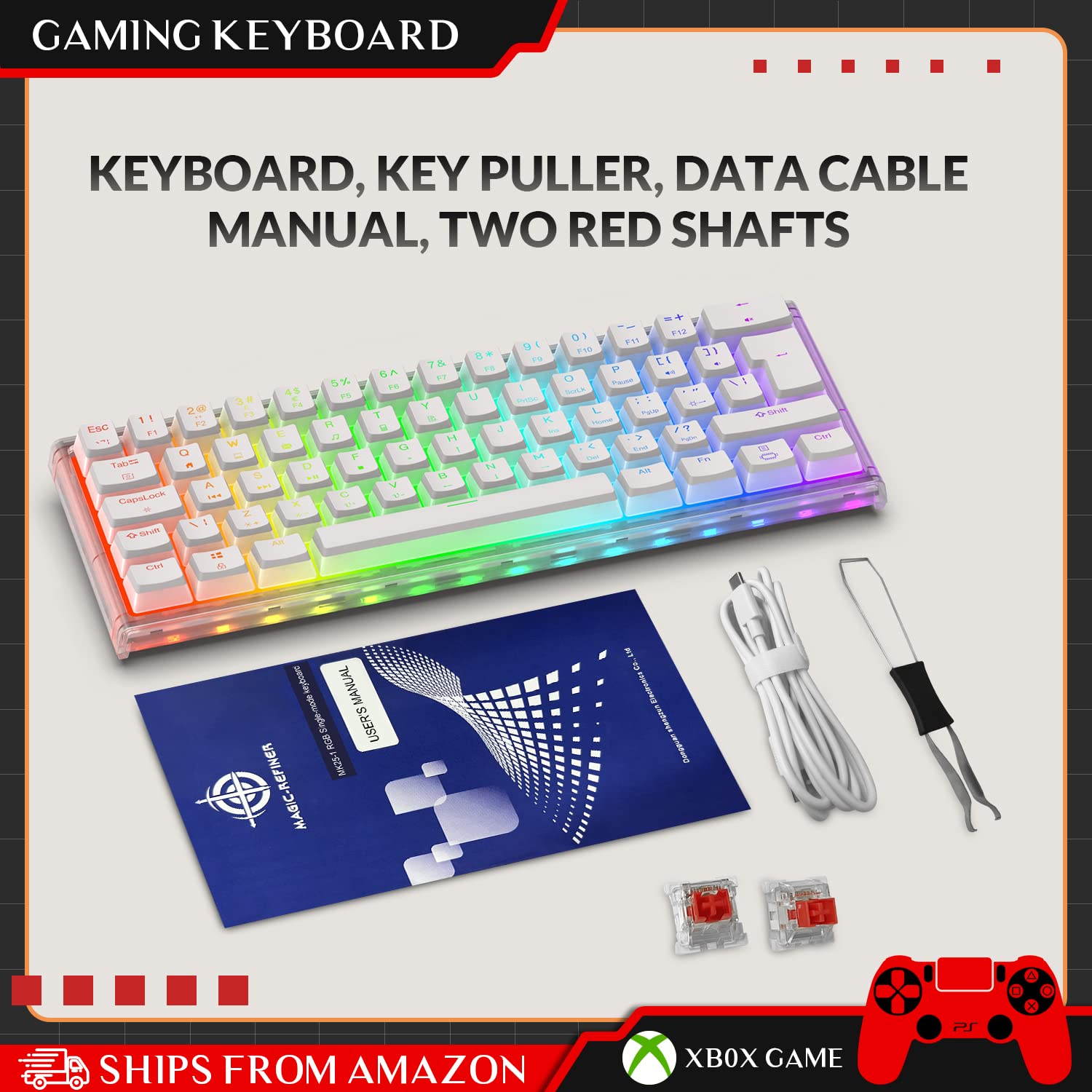 ZIYOU LANG MK25-1 60% Mechanical Keyboard Custom Hot Swappable Gaming Keyboard Programmable w/RGB Backlit Transparent Case Pudding Keycaps NKRO Compact for Gamer Typist PC PS4 Xbox（Linear Red Switch）