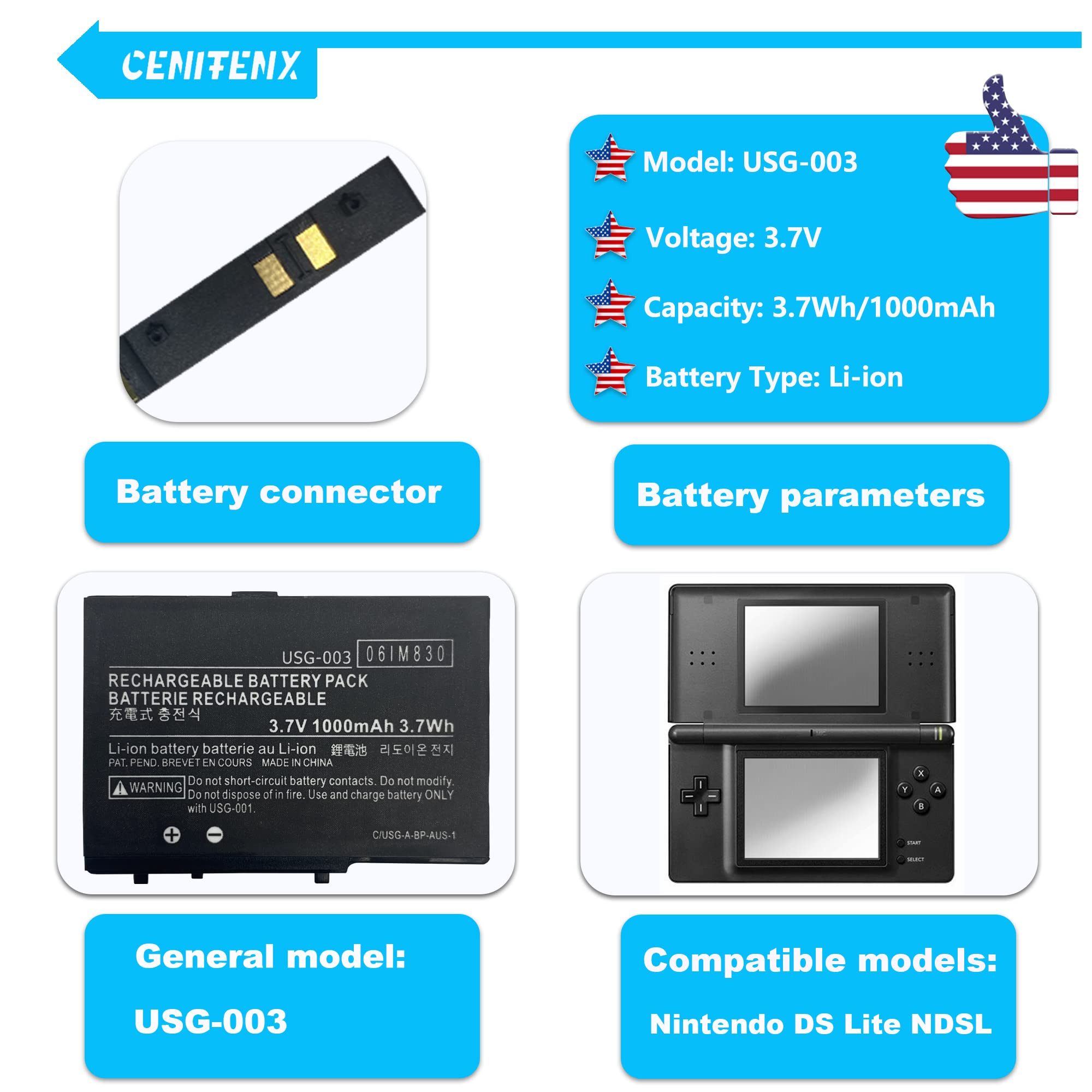 CENIFENX DS Lite Battery USG-003 3.7V 1000mAh Replacement for Nintendo DS Lite NDSL Game Player Battery with Repair Tool Kit (Not for Nintendo DSi, DSi XL, DSi LL)