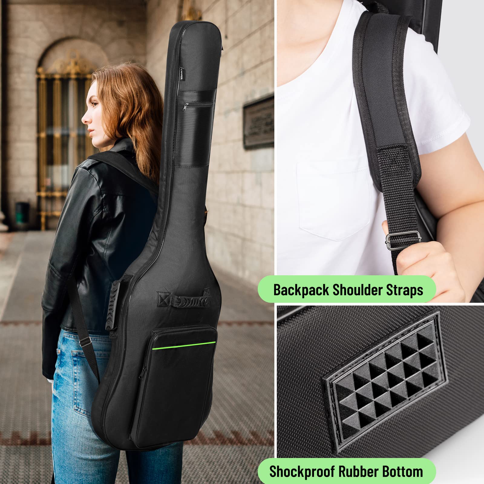 CAHAYA Bass Guitar Bag Gig Bag 0.3in Padding Black Padded Backpack Soft Electric Bass Case Green CY0292