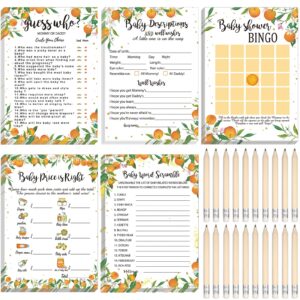 Yinder 145 Pieces Baby Shower Games for Boy or Girl Game Activities Cards with 20 Pencils Includes Baby Bingo Description and Wishes Guess Who Baby Price is Right, Word Scramble Game(Orange Style)