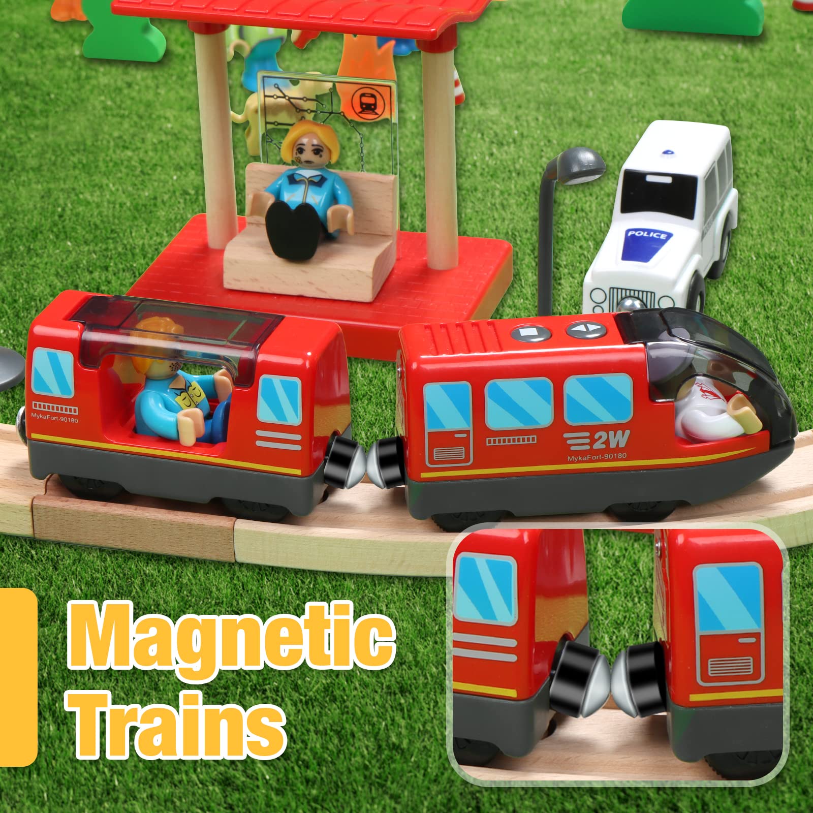 Battery Operated Train Set for Wooden Train Track (w/sound & Magnetic Connection), Powerful Engine Action Locomotive Train Set Fits Brio, Thomas, Chuggington Wooden Tracks, Train Toys for Toddlers 3Y+